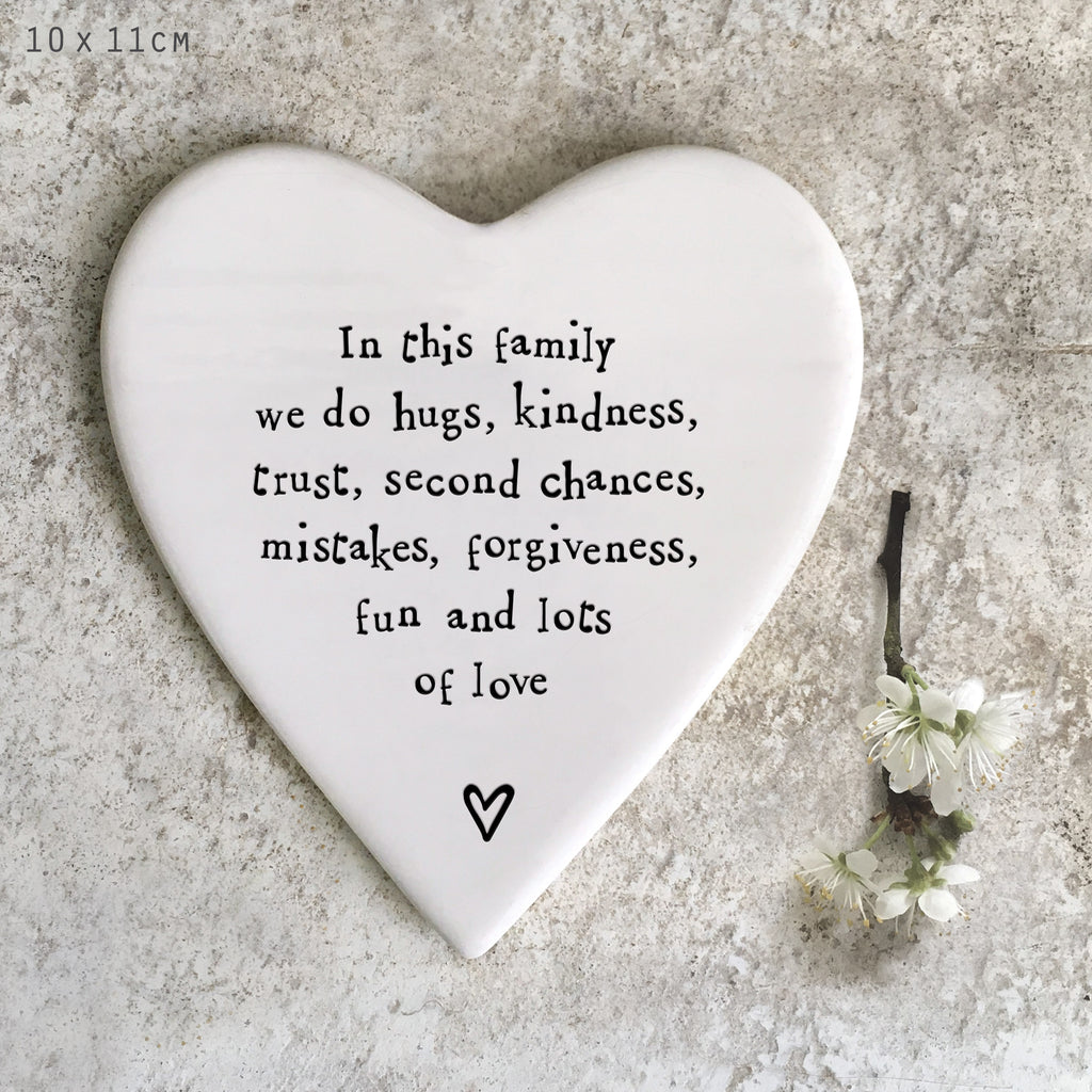 East of India Porcelain Heart Coaster - In this family we do hugs