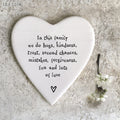 East of India Porcelain Heart Coaster - In this family we do hugs