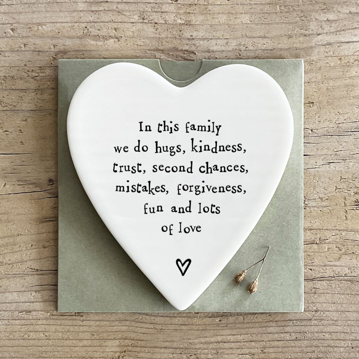 East of India Porcelain Heart Coaster - In this family we do hugs