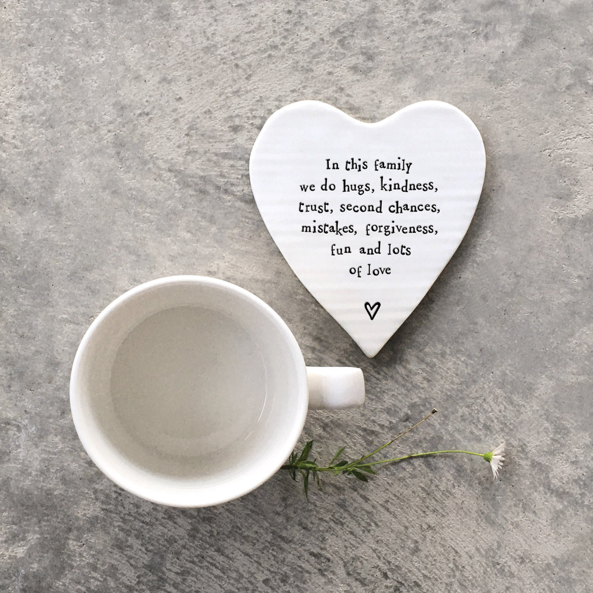 East of India Porcelain Heart Coaster - In this family we do hugs