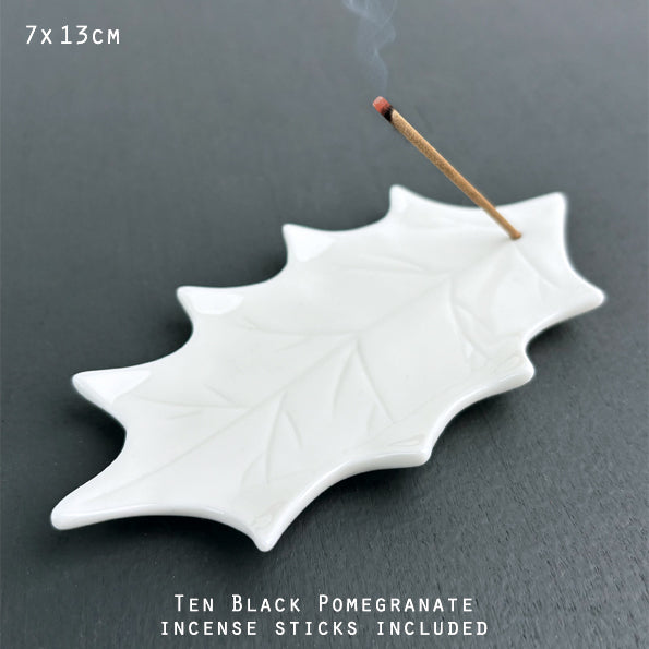 East of India Large Porcelain Leaf Incense Set - Holly