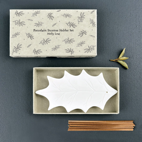 East of India Large Porcelain Leaf Incense Set - Holly