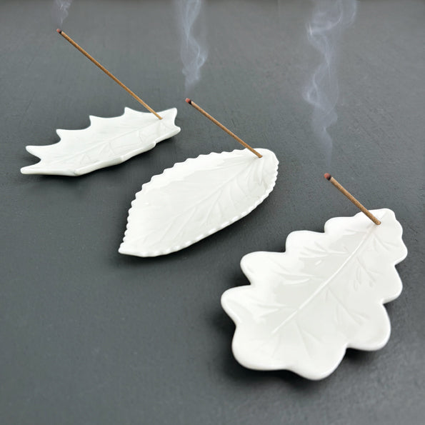 East of India Large Porcelain Leaf Incense Set - Holly