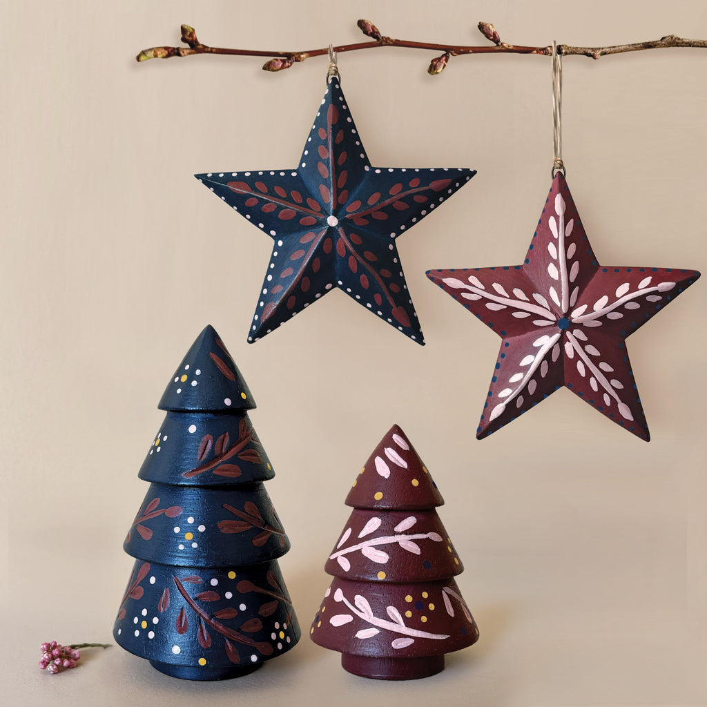 East of India Folk Art Wooden Christmas Tree - Blue
