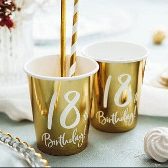18th Birthday Party Gold & White Paper Cups party cups 18th Birthday Party Gold Paper Cups x 6