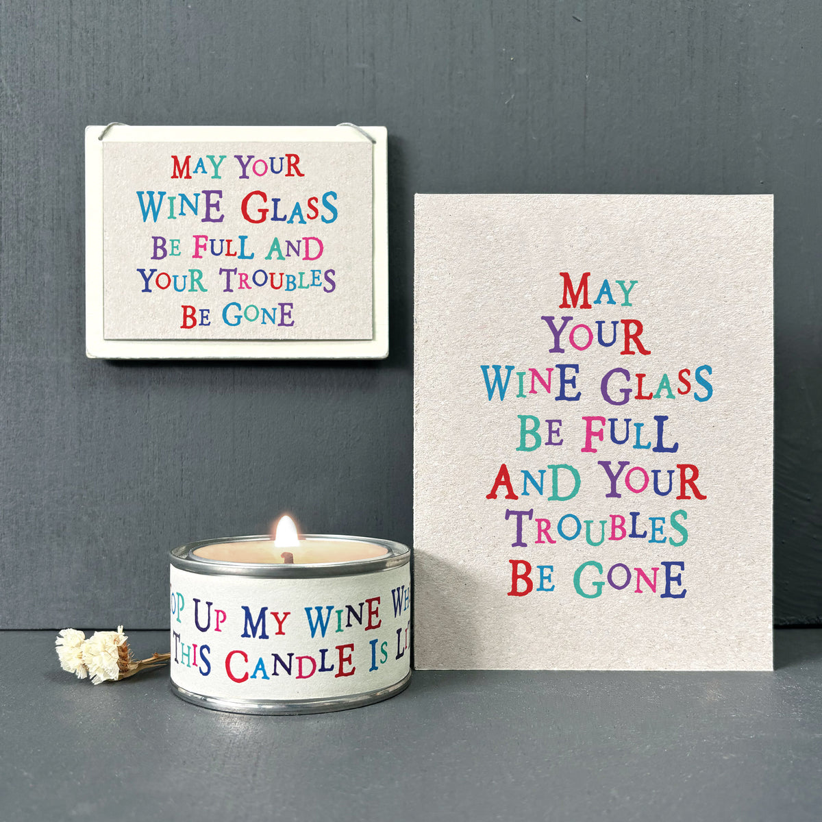 East of India Word Tin Candle - Top up my wine
