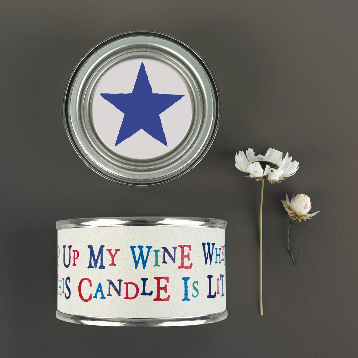 East of India Word Tin Candle - Top up my wine