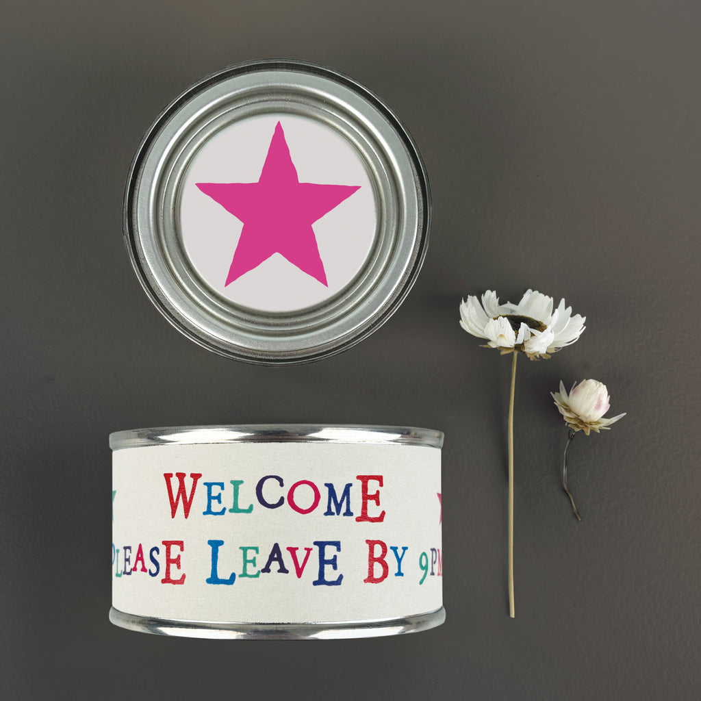 East of India Word Tin Candle - Welcome please leave by 9pm