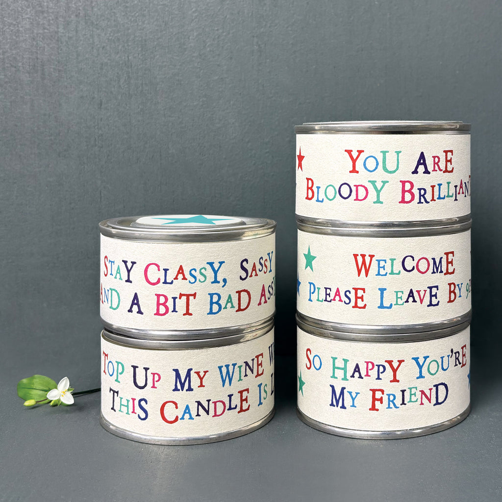 East of India Word Tin Candle - Welcome please leave by 9pm