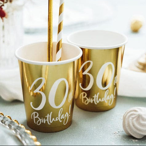 30th Birthday Gold & White Paper Cups party cups 30th Birthday Gold Party Paper Cups x 6