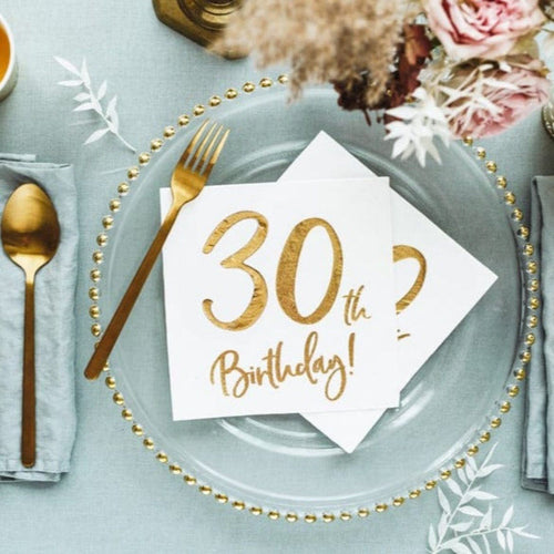30th Birthday Gold & White Paper Napkins Paper Napkins 30th Birthday White & Gold Paper Napkins x 20