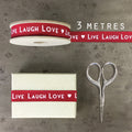 East of India Art Deco Ribbon, 3m - Red with Live, laugh, love & heart