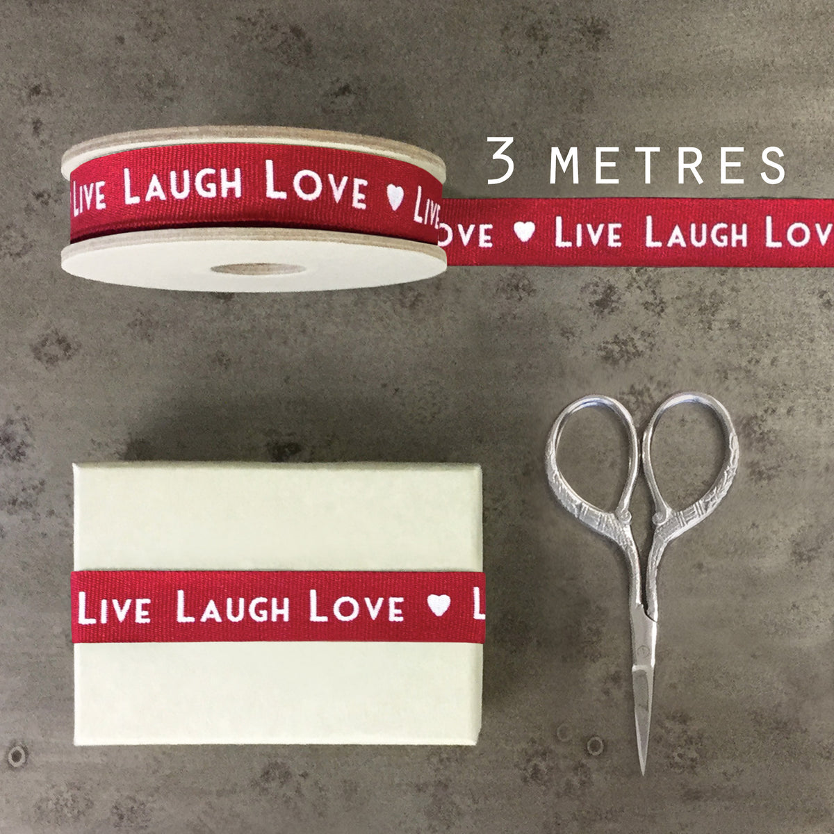 East of India Art Deco Ribbon, 3m - Red with Live, laugh, love & heart