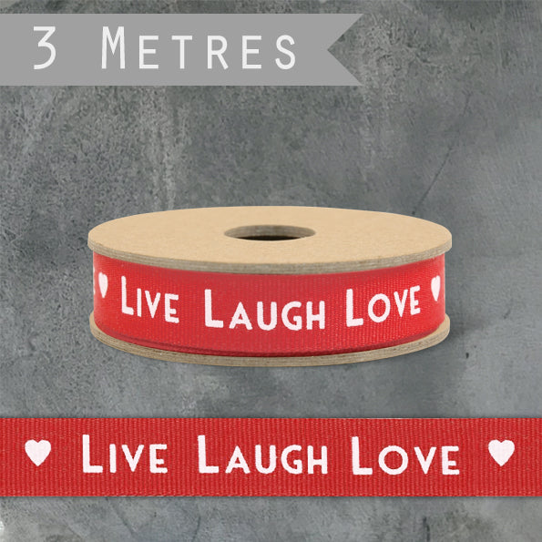 East of India Art Deco Ribbon, 3m - Red with Live, laugh, love & heart