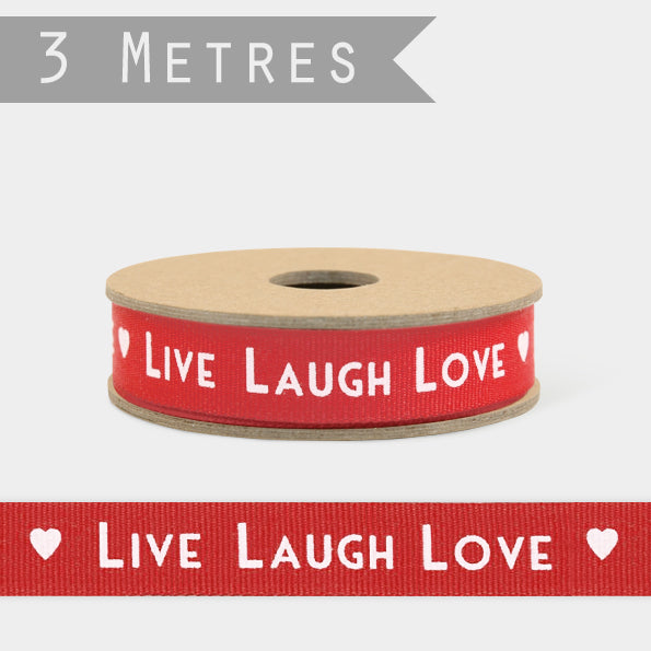 East of India Art Deco Ribbon, 3m - Red with Live, laugh, love & heart