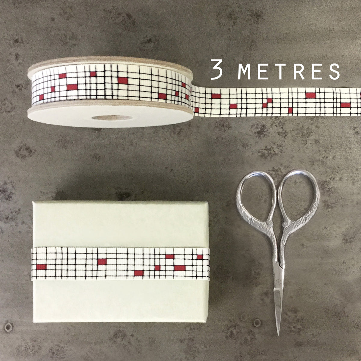 East of India Mondrian Check Ribbon, 3m - Red
