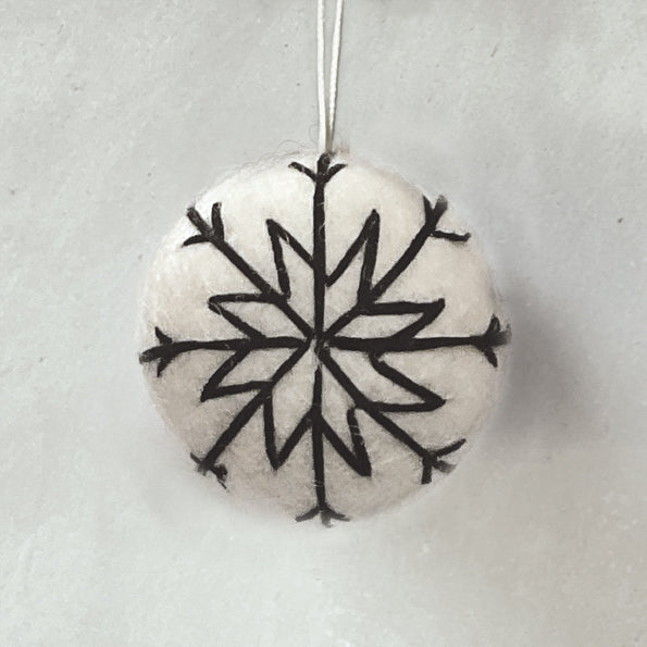 East of India White Felt Bauble - Black Thread Embroidery