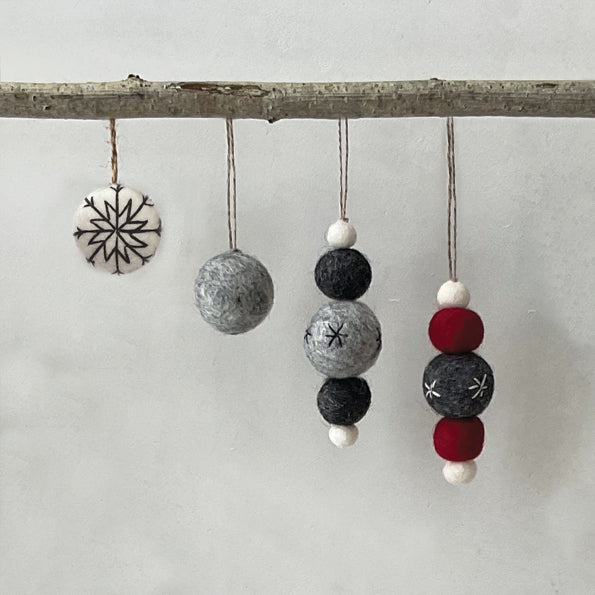 East of India White Felt Bauble - Black Thread Embroidery