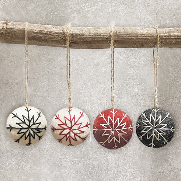East of India White Felt Bauble - Black Thread Embroidery