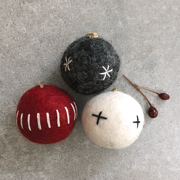 East of India Felt Embroidered Bauble - White