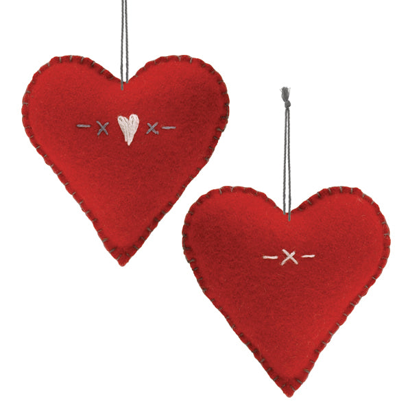 East of India Medium Embroidered Hanging Heart - Red, Hearts & crosses