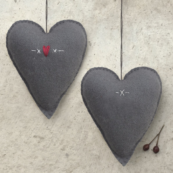 East of India Large Embroidered Hanging Heart - Grey, Hearts & crosses