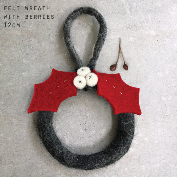 East of India Grey Felt Wreath with White Berries