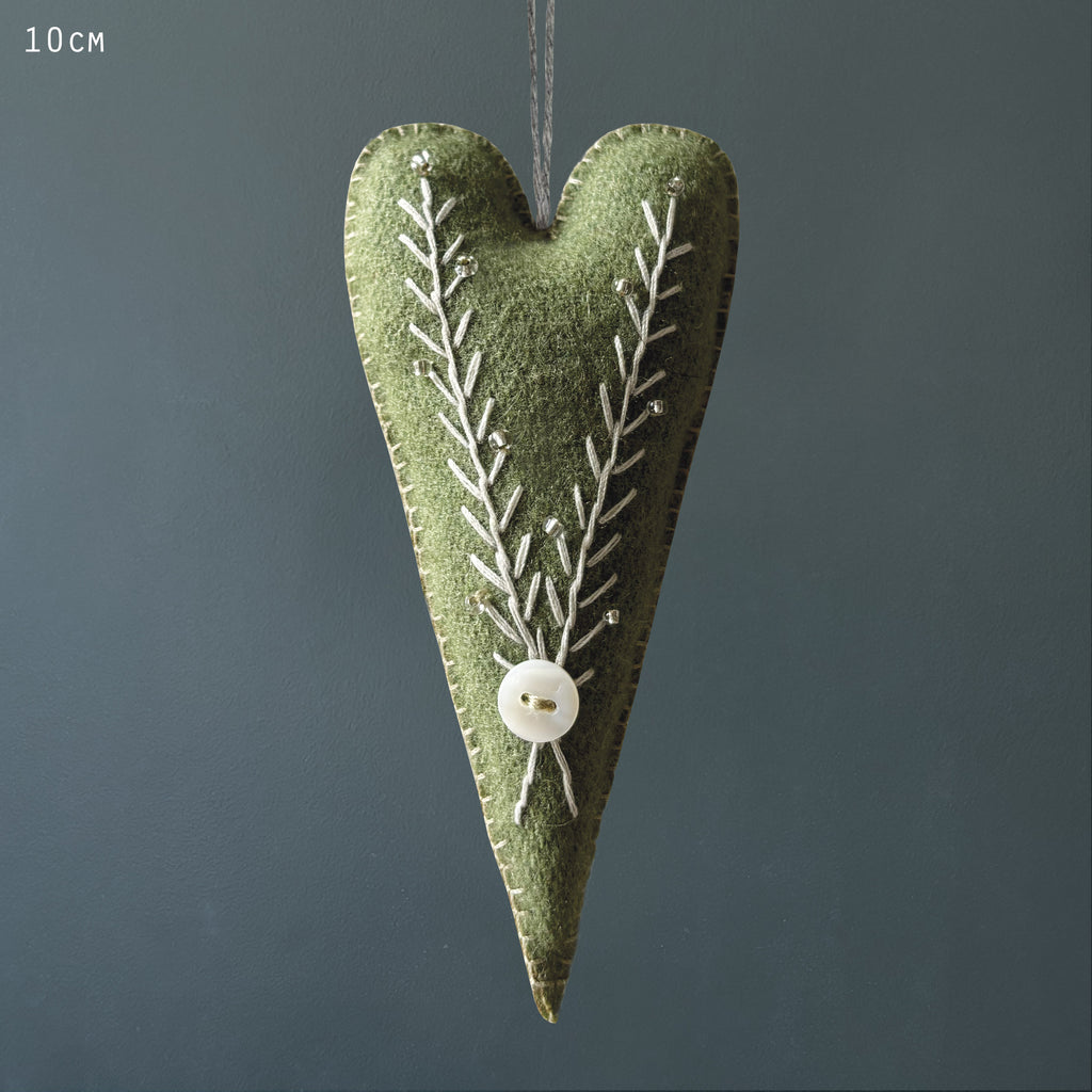East of India Embroidered Long Hanging Heart - Green
