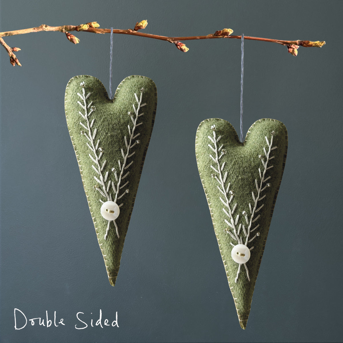 East of India Embroidered Long Hanging Heart - Green