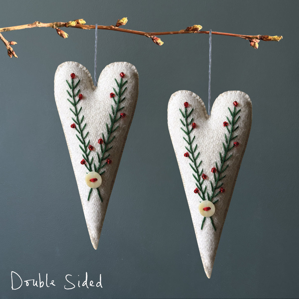 East of India Embroidered Long Hanging Heart - Cream