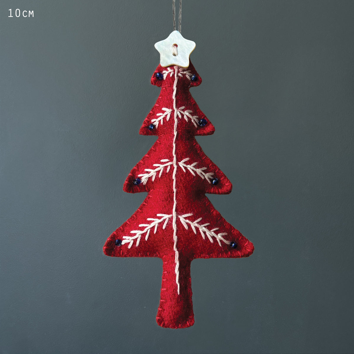 East of India Embroidered Hanging Christmas Tree Decoration - Red
