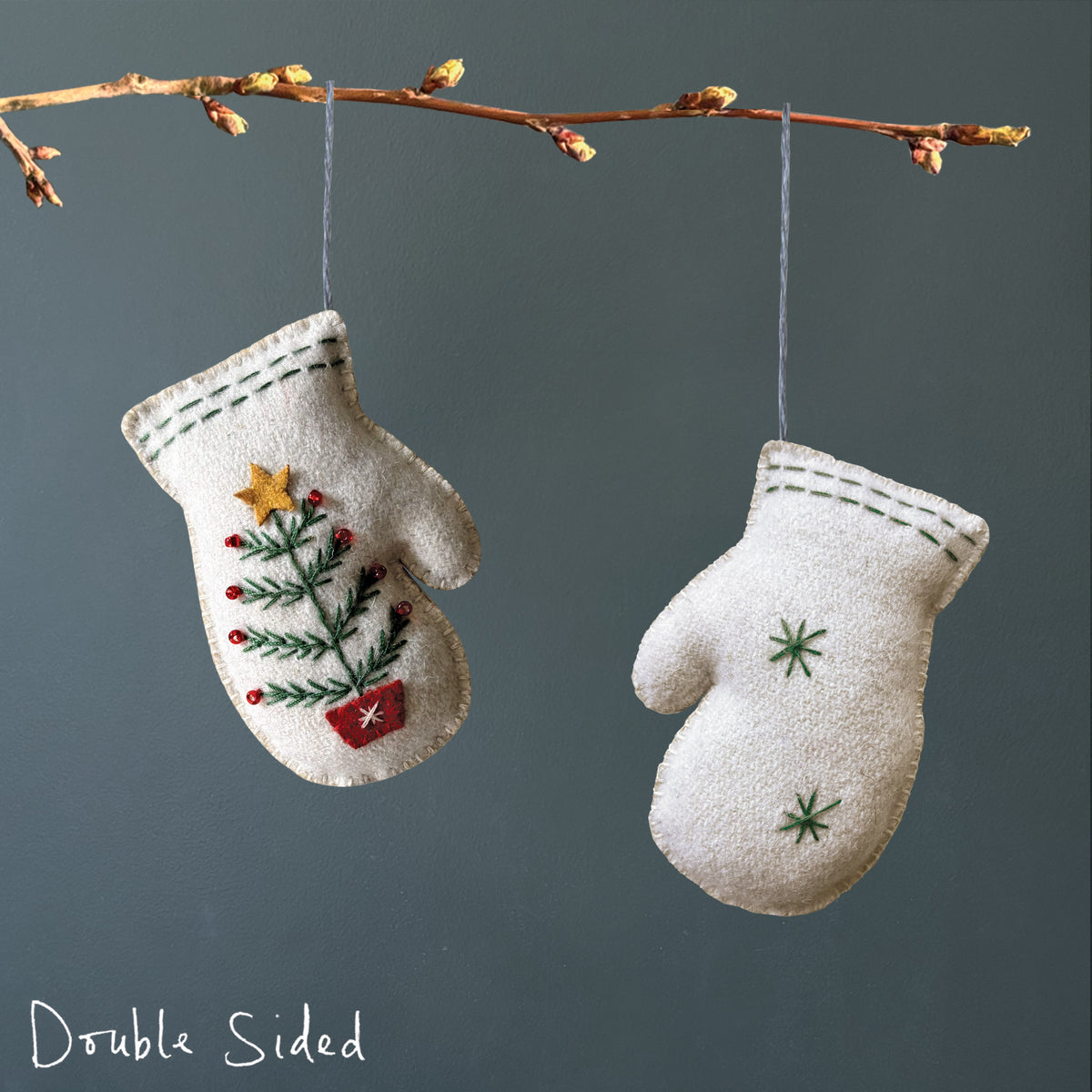 East of India Embroidered Hanging Mitten Decoration - Cream