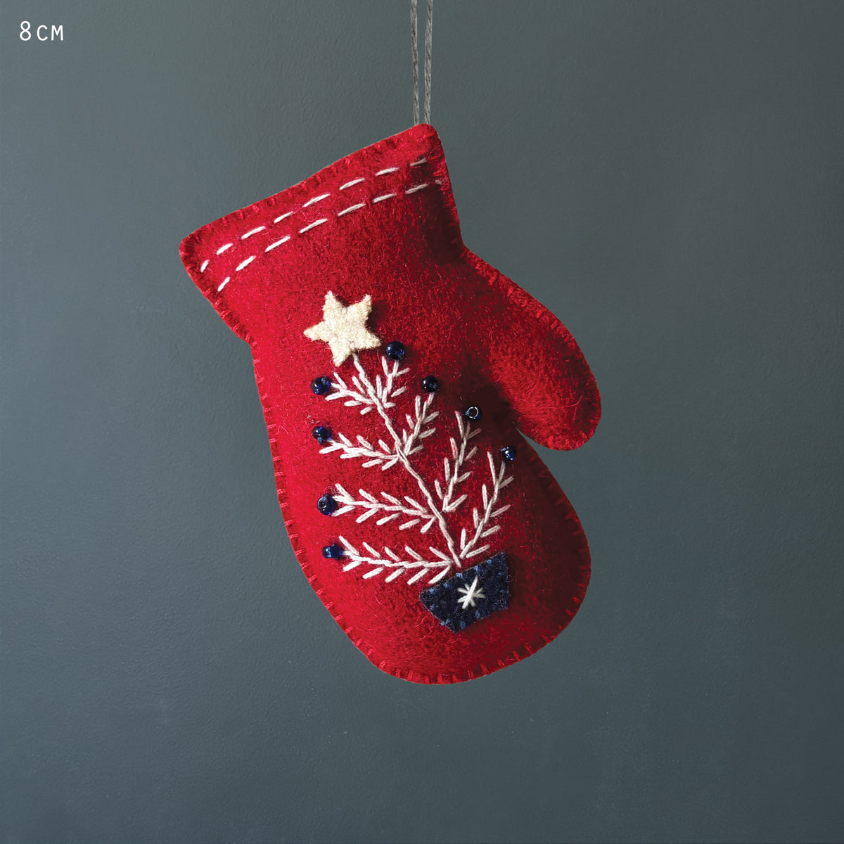 East of India Embroidered Hanging Mitten Decoration - Red
