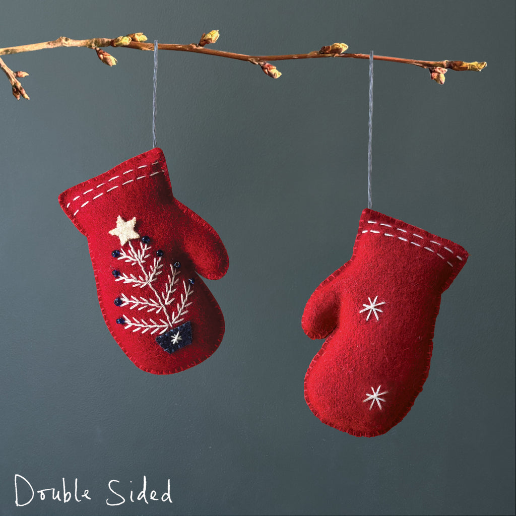 East of India Embroidered Hanging Mitten Decoration - Red