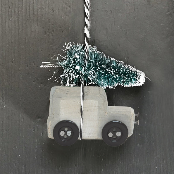 East of India Small Hanging Wooden Van Decoration with Tree on Roof