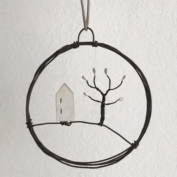 East of India Small Rusty Wire Wreath - House and Tree