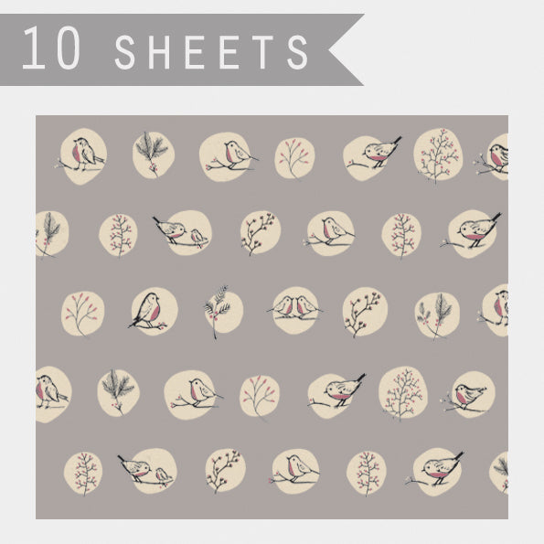 East of India Gift Wrap Sheets, Pack of 10 - Grey robins & rosehips