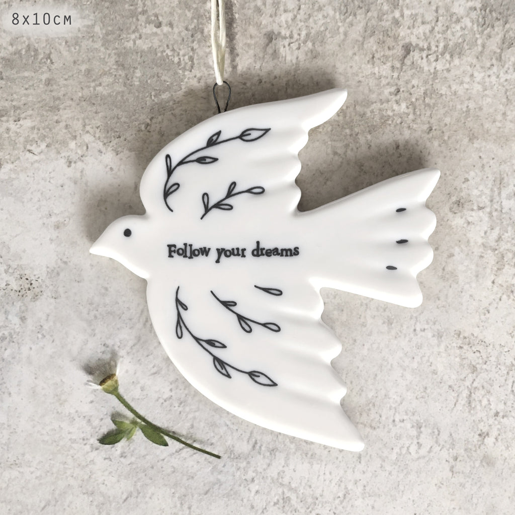 East of India Porcelain Hanging Dove - Follow your dreams