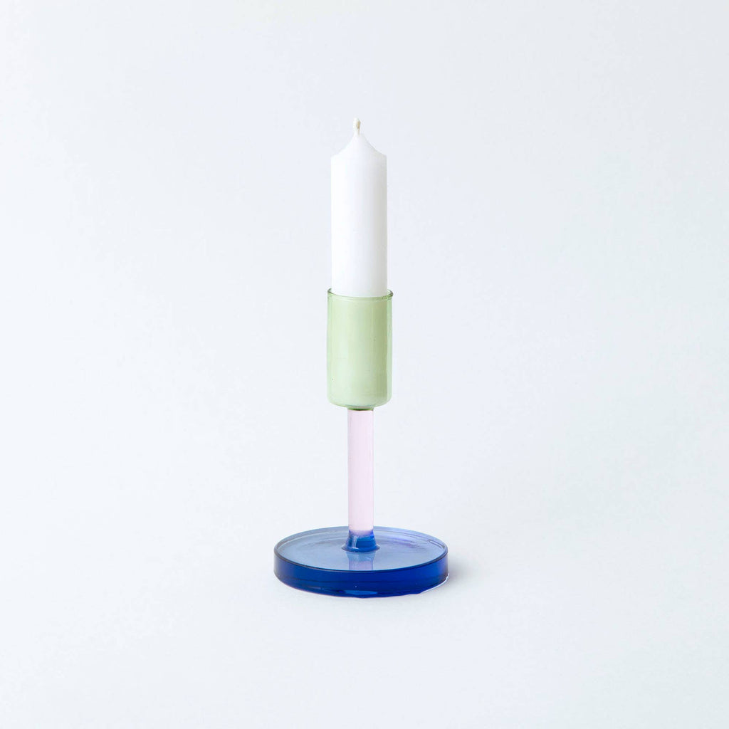 Glass Candlestick - Green & Pink, Medium