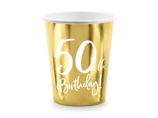 50th Birthday Gold & White Paper Cups party cups 50th Birthday Gold Party Paper Cups x 6