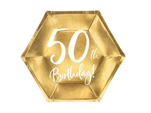 50th Birthday Party Gold & White Paper  Plates Disposable Plates 50th Birthday Party Gold Paper Plates x 6