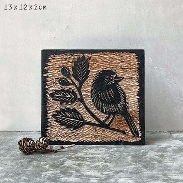 East of India Wooden Block - Robin & rosehip