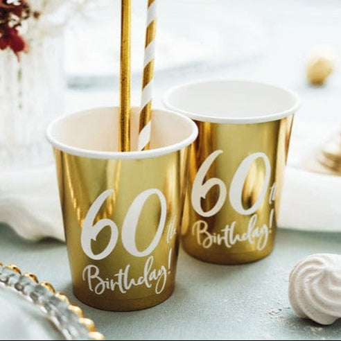 60th Birthday Party Gold & White Paper Cups party cups 60th Birthday Party Gold Paper Cups x 6