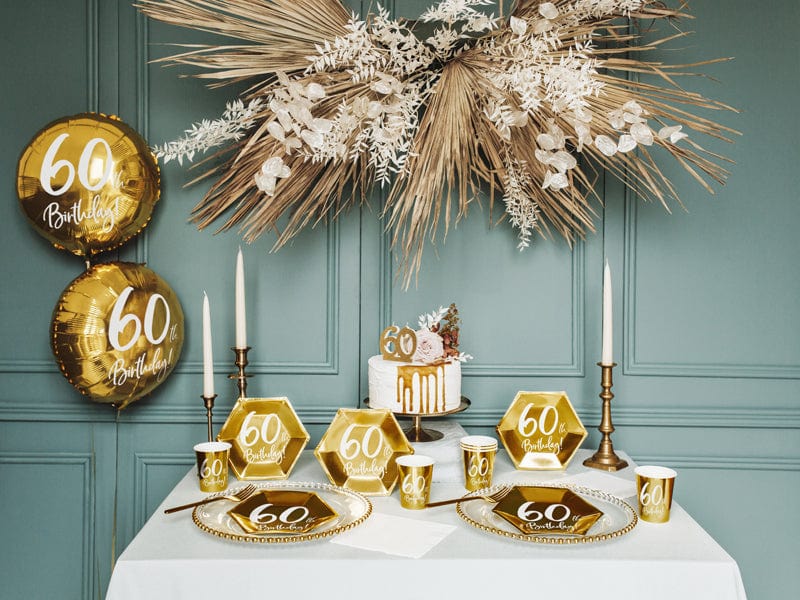 60th Birthday Party Gold & White Paper Cups party cups 60th Birthday Party Gold Paper Cups x 6