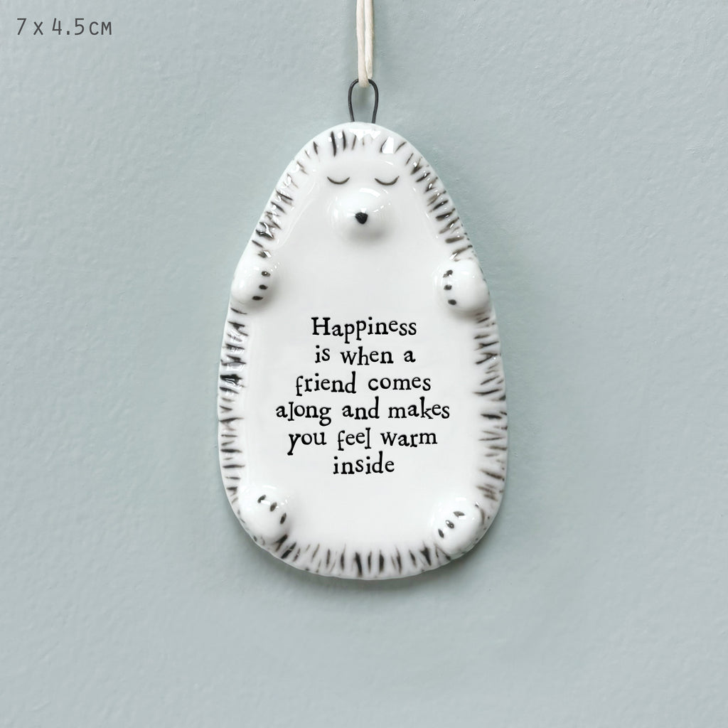 East of India Porcelain Hedgehog Hanging Decoration - Happiness is when a friend comes along