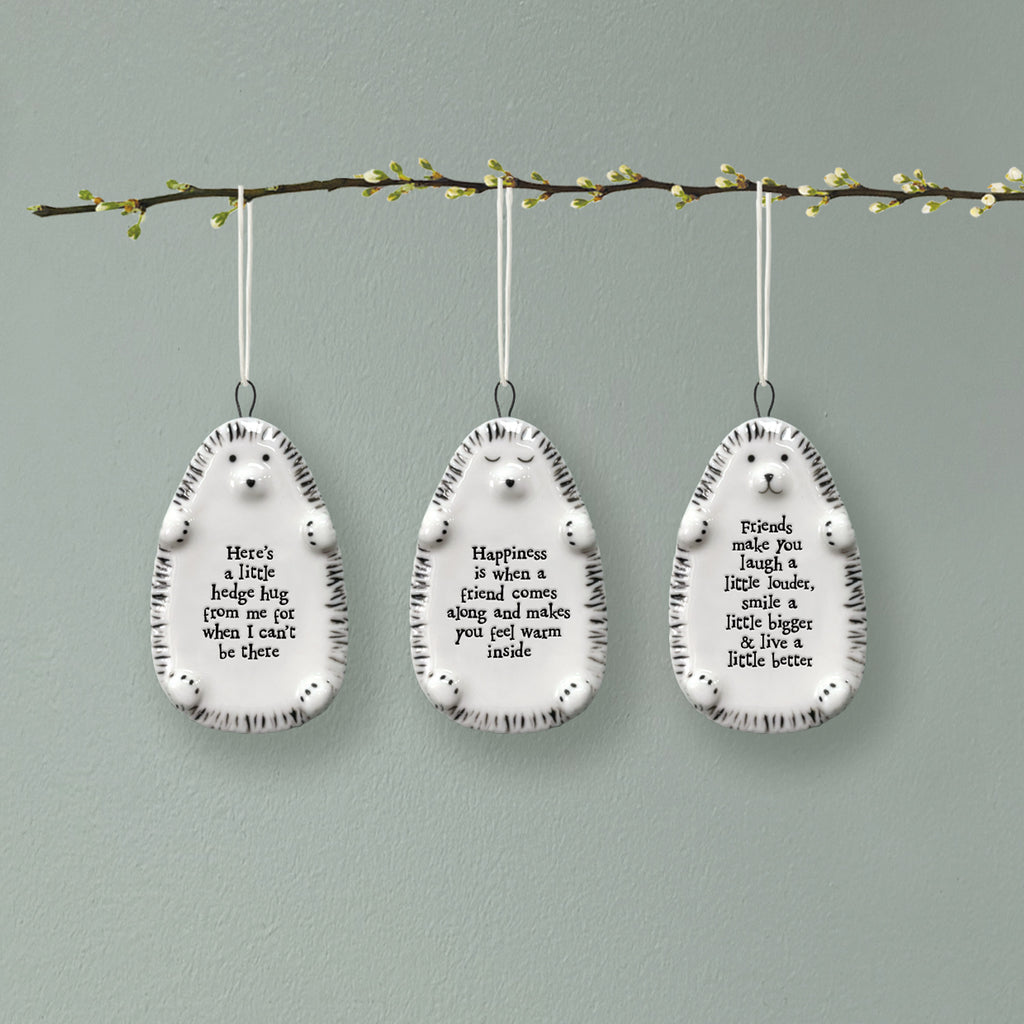 East of India Porcelain Hedgehog Hanging Decoration - Happiness is when a friend comes along