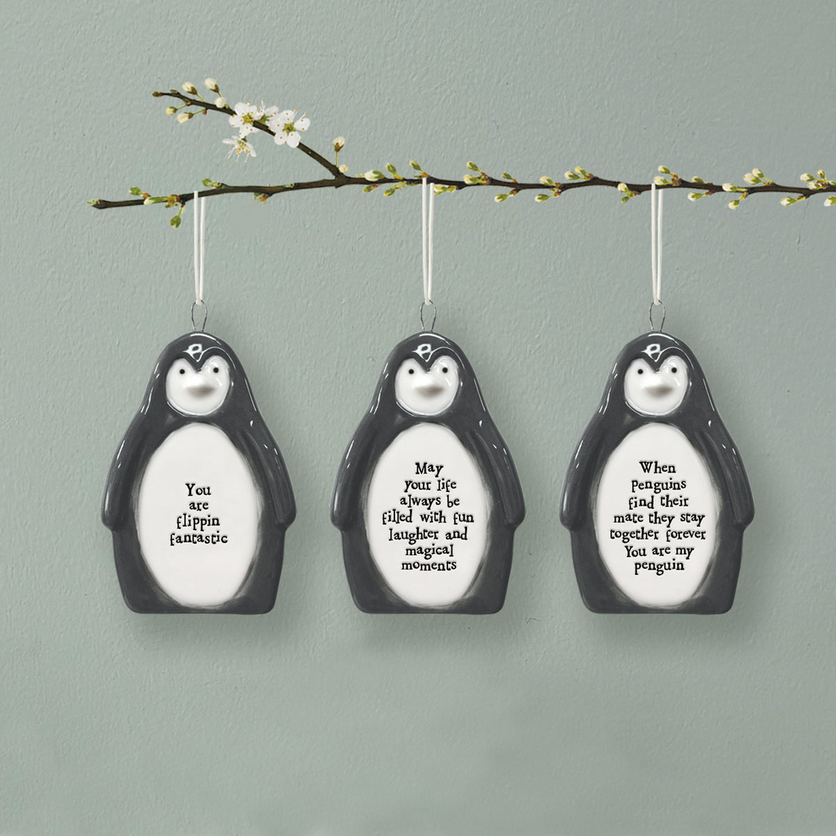 East of India Porcelain Penguin Hanging Decoration - May life be filled with fun