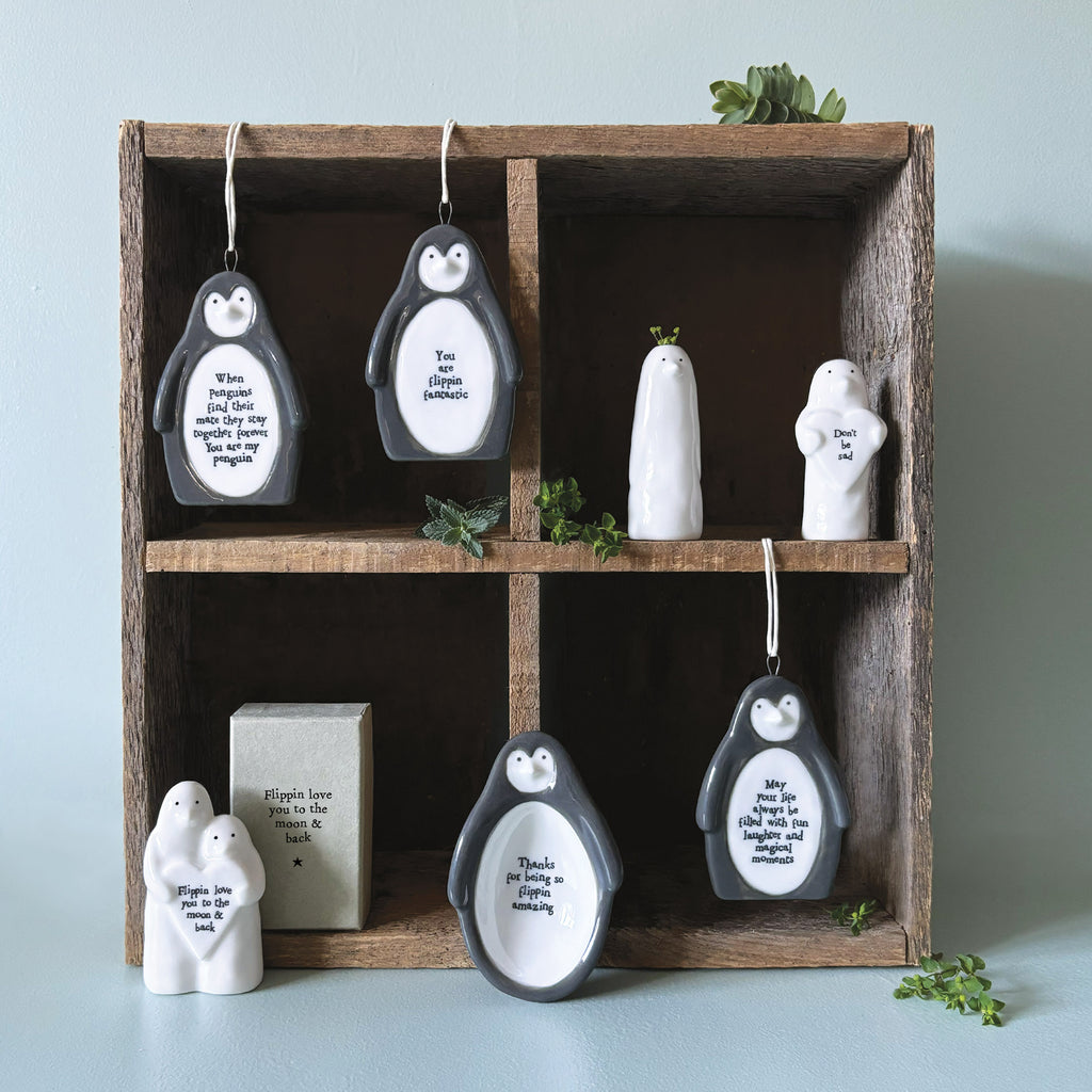 East of India Porcelain Penguin Hanging Decoration - May life be filled with fun