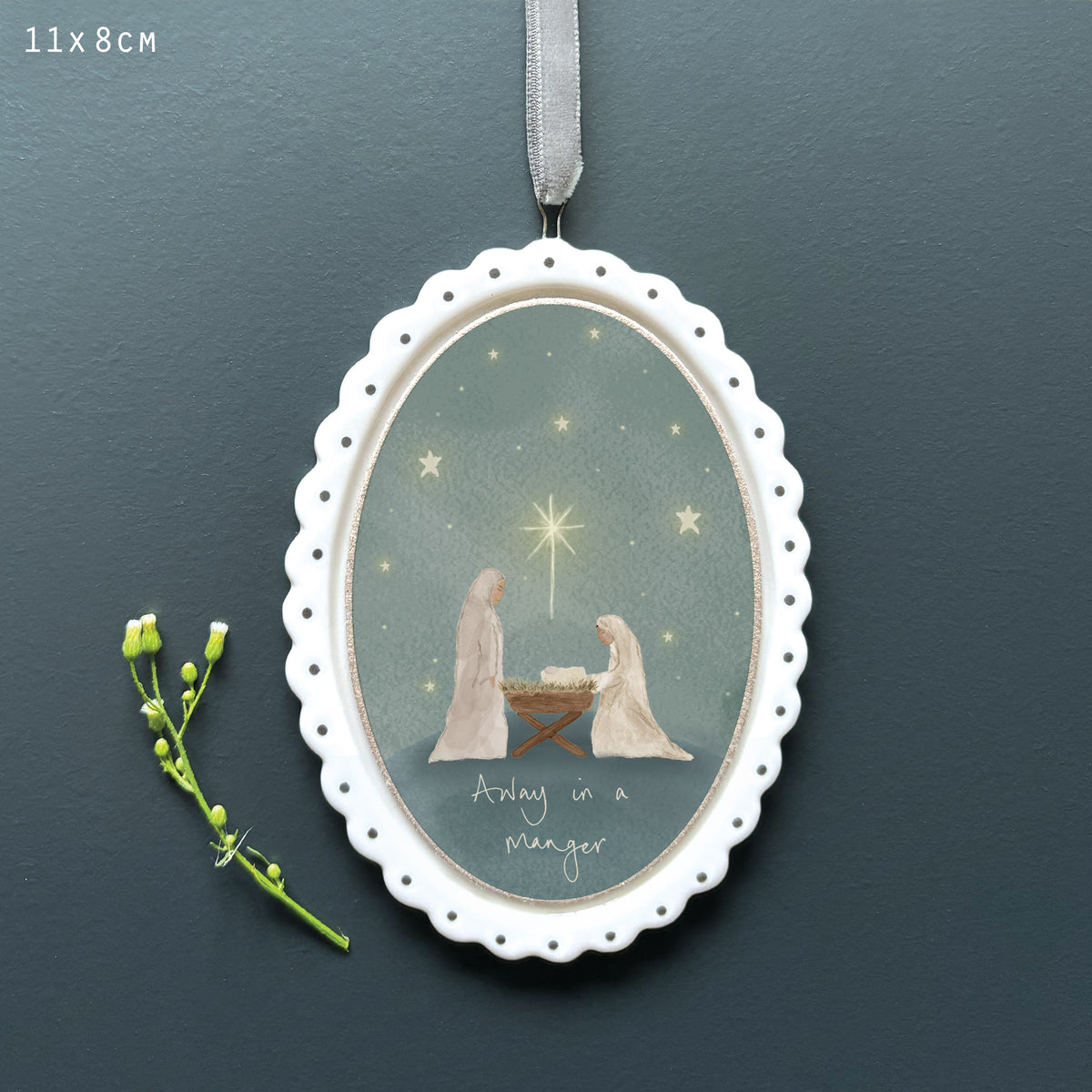 East of India Porcelain Hanging Oval Frame - Away in a manger