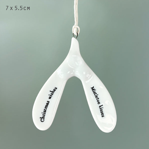 East of India Porcelain Mistletoe Hanging Decoration - Christmas wishes